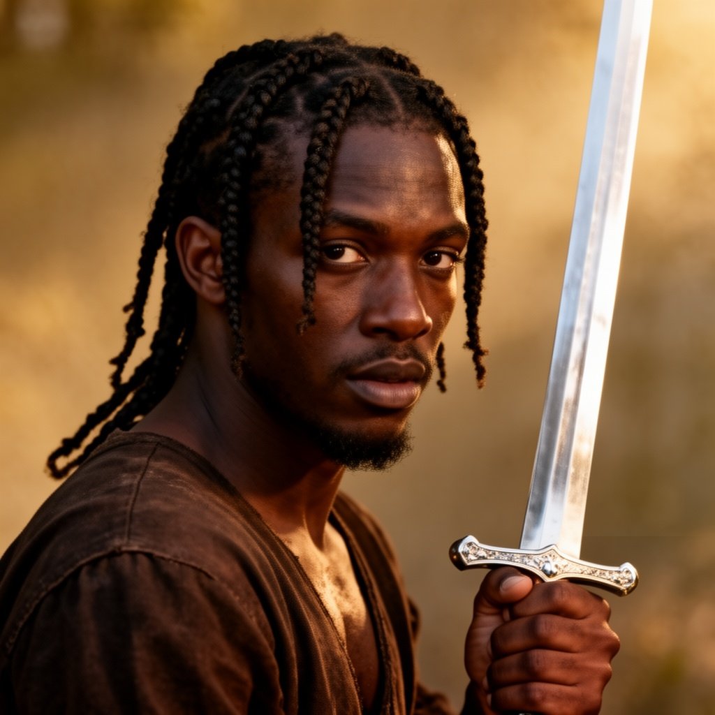 A black guy with braids with a sword