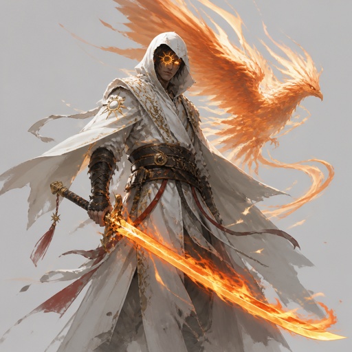 assassin with phoenix, sun mark on eye, fire sword, white clothes