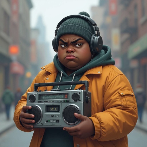 Create a kinda dark skin funny fat guy who isnt friendly from New York  has a boom box radio and is a stoner 