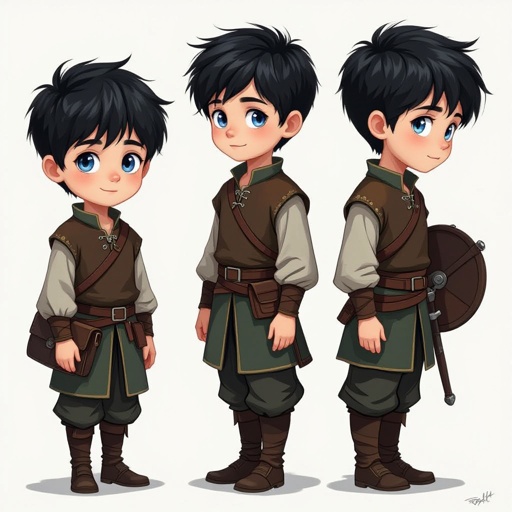 a pale boy 12 years, short black hair, with heterochromia eyes, one navy blue eye, one light blue eye. medieval outfit