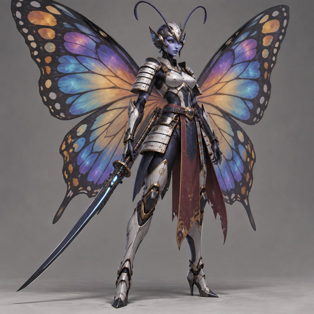 A gorgeous multi colors alien butterfly woman in a futuristic space samurai armor. Show whole body.