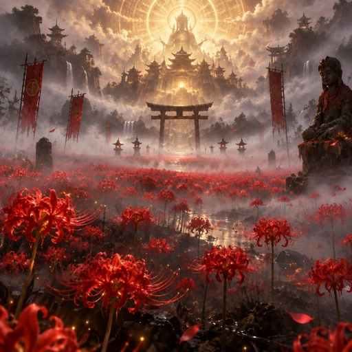 a painting of an oriental landscape with red flowers