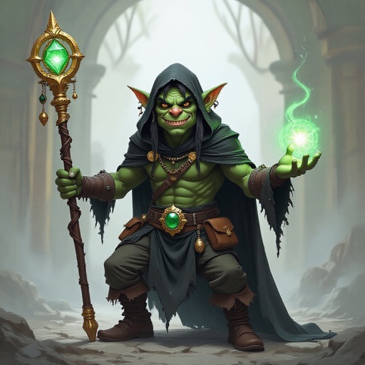 Realistic fantasy comic-book-style art, A thing and tall, but slouching orc/goblin, with greenish-grey skin, black hair, nose ring piercings, he wears a tattered black hood and cape. He is a dark magician/sorcerer, although very amateur. He carries odd trinkets and things that may be used for magic or spells in his belt pouches. He wields a long straight golden staff, that goes above his head, and at the tip of this staff is a bright green emerald, encircled by a ring of gold. He is posing, unique to his character, about to cast a spell, he is a trickster, smiling.