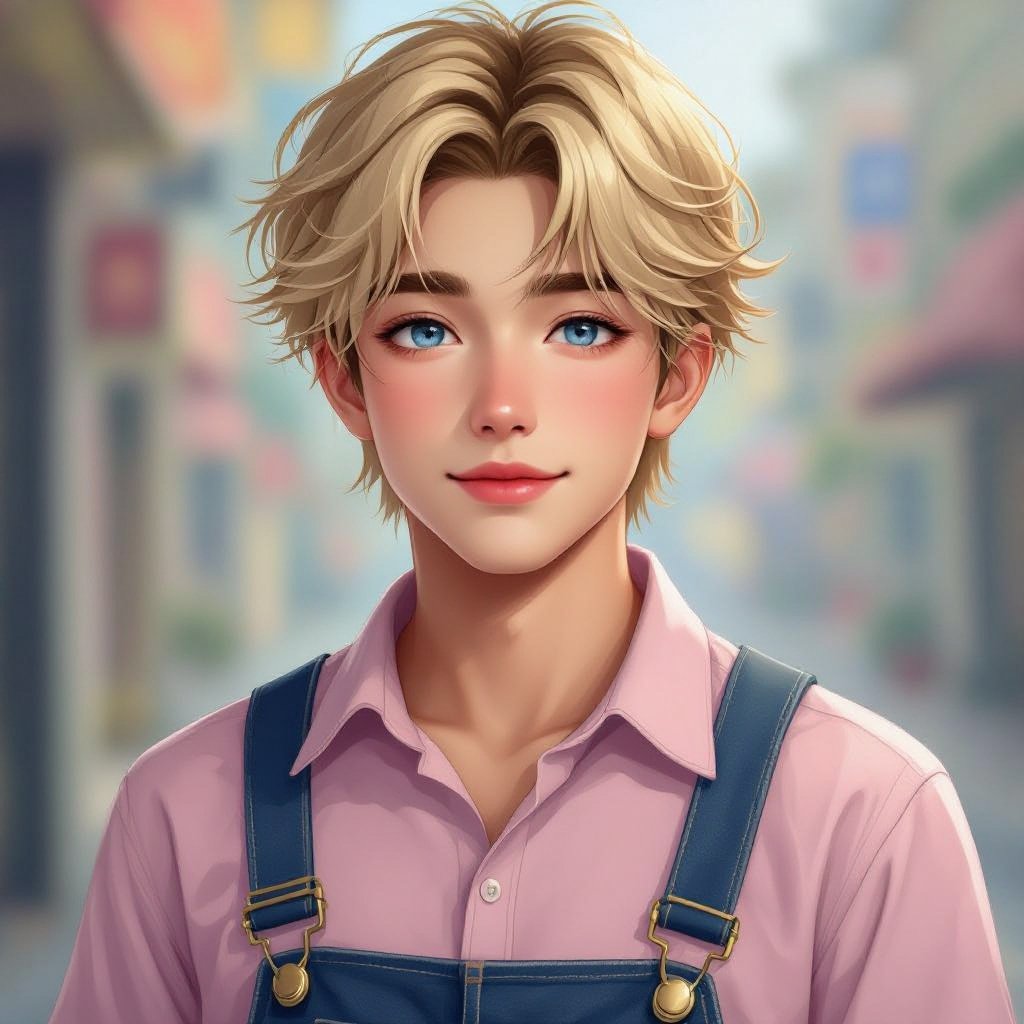 Japanese male 18-years old blonde hair blue eyes no bear wearing a light pink shirt with overalls has a bit of chubby cheeks looks a bit feminine and a bit frail