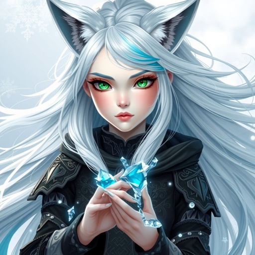 A pale teenage girl. Hair as white as snow with cyan tips, emerald eyes and small fox ears wearing mystic royal black top and trousers conducting ice (Russian themed)