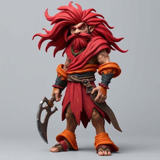Create character hero Rhen the Fire-Singer – A lean, muscular man. His hair is a wild mane of deep crimson. He wears layered, flowing desert robes dyed in warm reds and golds, with scorch marks where flames have licked them. A curved blade hangs at his hip. Show her whole body head to toe including her shoes.