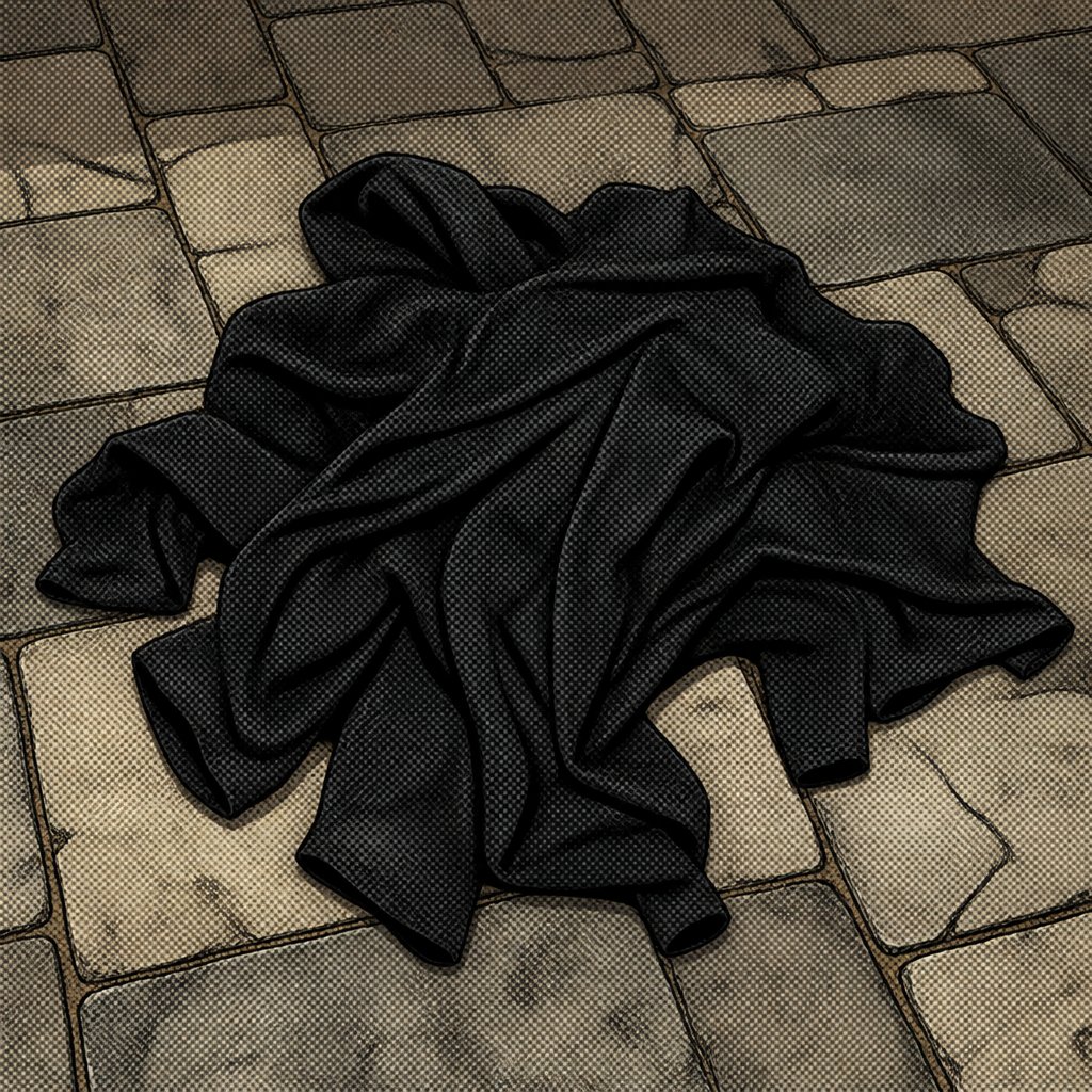 Highly realistic black fabric in a pile on a stone floor