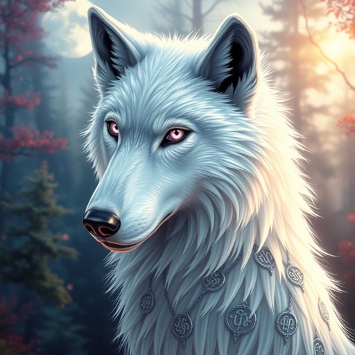 Animal white wolf with purple eyes