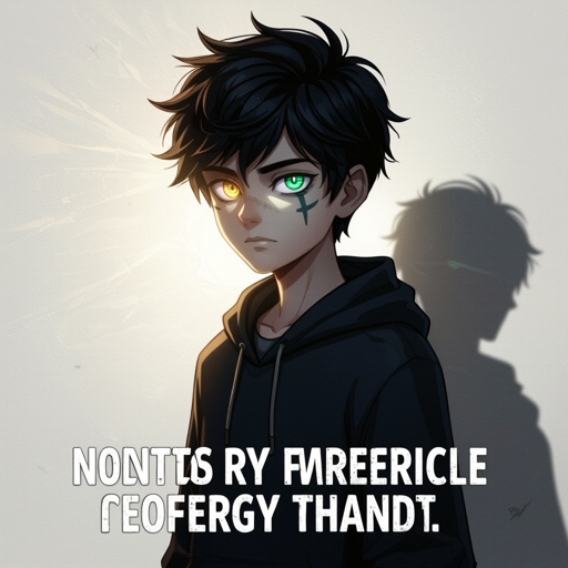 Dark mysterious character teenager boy,with a golden eye and bluish greenish eye