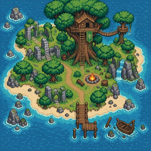 Tree house on an abandoned island for a fantasy game set in modern times, top-down style
