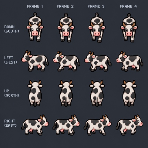 Cow for a fantasy game set in modern times, top-down style, 360, walking