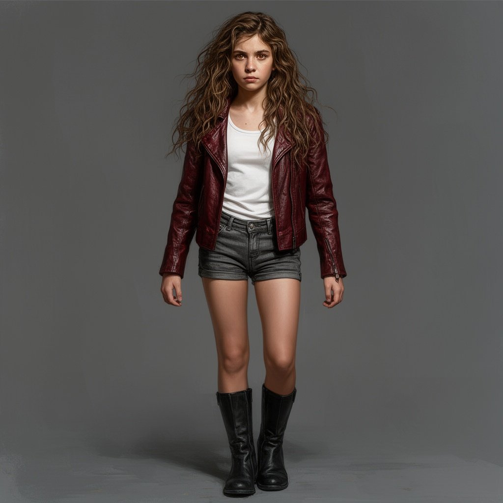 17-year-old girl with wavy, long, messy brown hair and warm brown eyes. She wears a beaten-up dark red leather jacket over a clean white tank top, paired with dark-gray jean shorts and fitted, black boots. Determined look