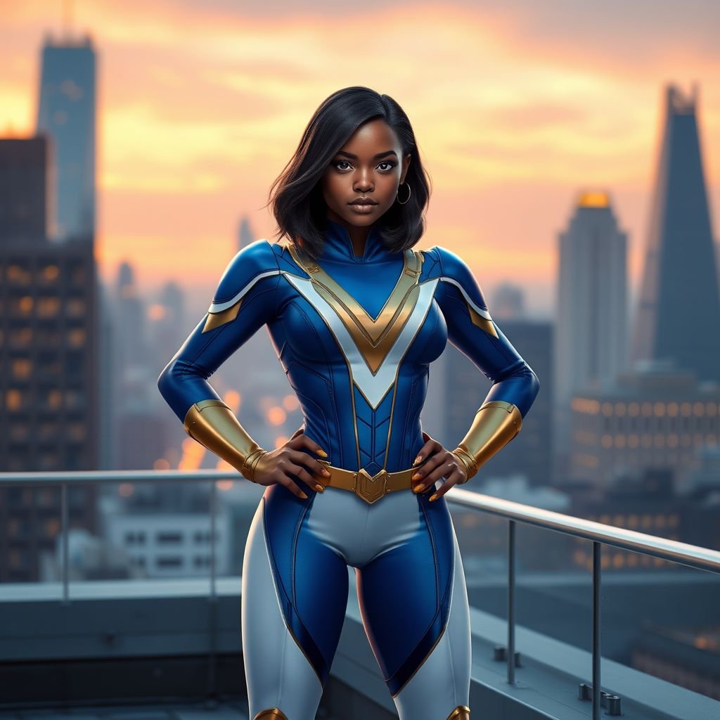 A young African American female superhero with shoulder length hair in a side part style wearing a blue and white suit made of spandex like material that’s slightly armored with gold accents with white pants and gold boots with a stylized V as her chest emblem standing ona roof in a Philadelphia at dawn