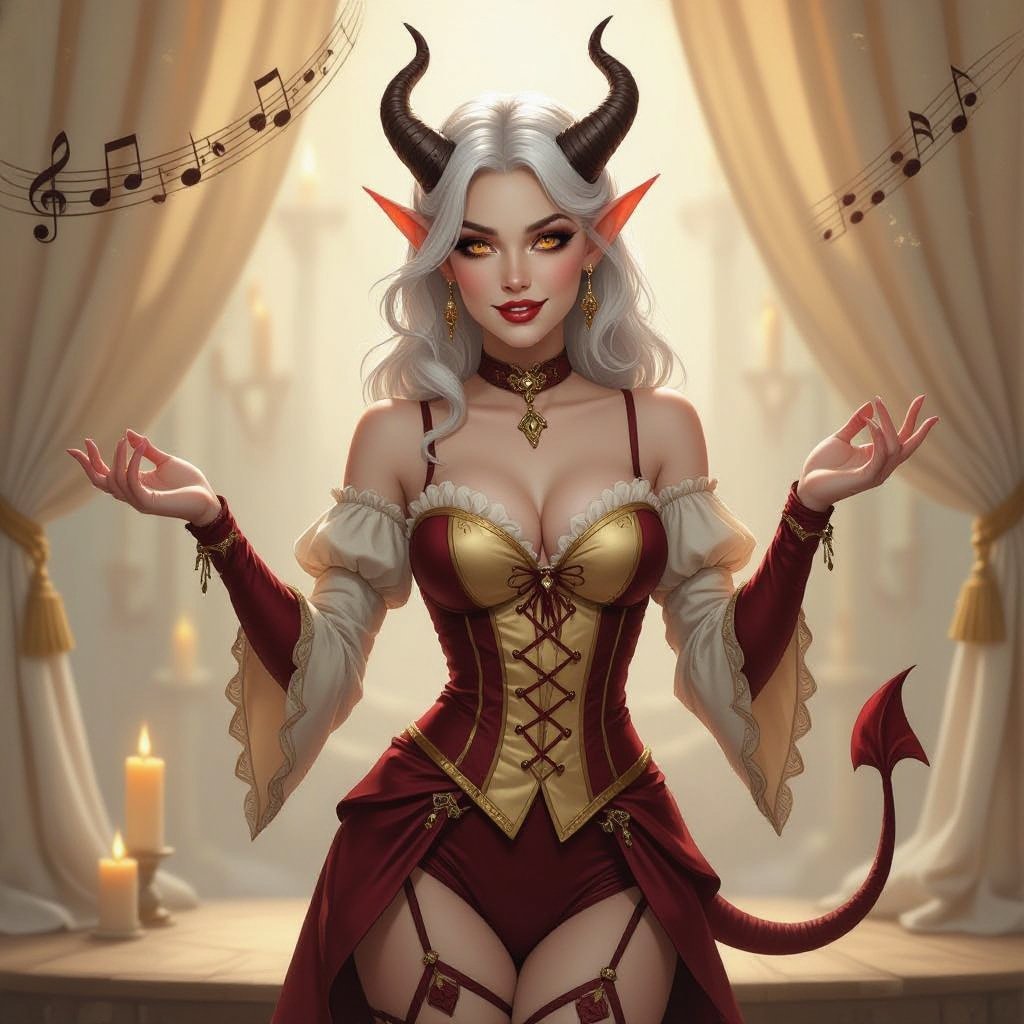 A semi-realistic fantasy portrait of Evangeline Ivey, the Fierna Tiefling Bard of the College of Glamour, performing upon a softly lit stage. The setting is elegant and theatrical — an ivory-curtained stage with warm candlelight spilling from antique candelabras, soft wood flooring, and drifting violet-and-gold ribbons of arcane music winding through the air.  Appearance Her skin is smooth porcelain-pale (#F3EDEB), evenly lit with soft candle glow. Her long silver-white hair (#D6D6DA) cascades down her back in shining waves. She has amber-gold eyes (#C88C21) that glint mischievously beneath long lashes. Across her brow rise dark brown ridged horns (#4A3A2C), symmetrical and cleanly curved back from her forehead. A slender devilish tail, pale to match her skin and ending in a red-and-black spade tip, curves gracefully behind her.  Outfit (Hard-Lock) She wears her cream and deep-red harlequin bodysuit with gold trim and embroidery — no purple tones anywhere. The fabric is finely tailored, elegant rather than gaudy. • Cream panels (#E9DFC7) catch the candlelight. • Deep red diamonds (#AA1E1E) shimmer with subtle velvet texture. • Gold embroidery (#C9A33A) forms curling arcane motifs along her neckline and cuffs.  Pose & Expression Full-body portrait to the shins, balanced in composition. Evangeline stands in an elegant dancing pose, one hip cocked, shoulders angled, her weight on one leg. Her hands hover mid-gesture — poised between spell and performance. Her lips curl in a knowing smirk, one brow lifted in playful confidence. Her gaze meets the viewer’s, amused and commanding, like a performer mid-spotlight.  Lighting & Tone Warm candlelight key illumination, gentle soft rim light outlining her silhouette. The magical ribbons cast subtle violet and gold reflections on her outfit and hair. The atmosphere is theatrical, romantic, and alive with bardic energy — a moment between music and magic.  Composition • Full-body (to shins) • 2:3 aspect ratio • Even, soft studio lighting — her porcelain skin remains consistent and luminous across face and body • Background: ivory curtains, wooden stage floor, soft candle glow, faint magical haze  Mood Charming, confident, and radiant — the bard as spell and spectacle made one.