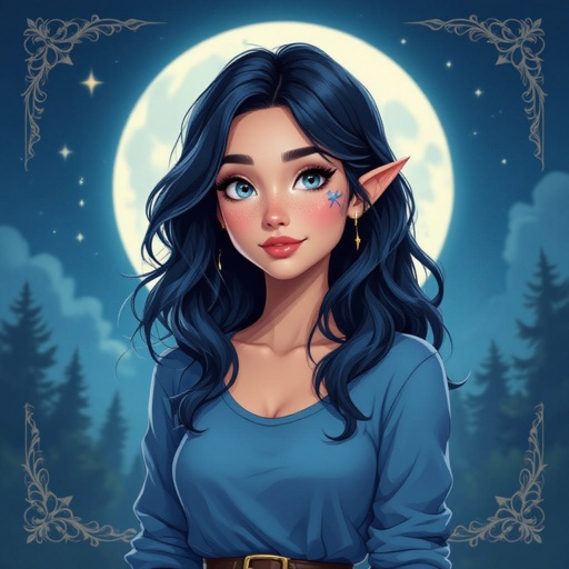 She has waist length dark blue fading into black hair. She has star freckles and eyebrow scar on her right eyebrow side closest to her nose she has a crescent moon birth mark behind her left ear close to the ear lobe. Her eyes are a smoky grey she is 4’8. She has a blue long sleeve shirt with black pants