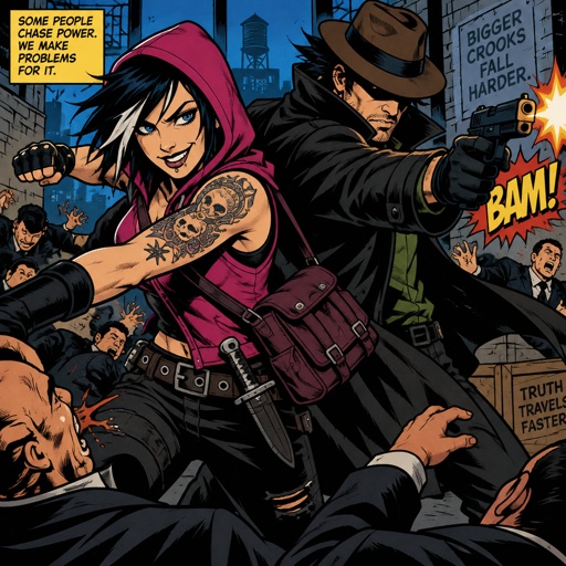 Female, black jagged hair cut, neck length, white strands, two lip piercings, blue eyes, magenta sleeveless hoodie hood up, dark magenta satchel, belt with knife attached, gloves, tattoos on both arms, smirk, Male, brown fedora that covers eyes, black back hair spiky, black trench coat with upturned collar, green shirt, holding gun, fighting the other