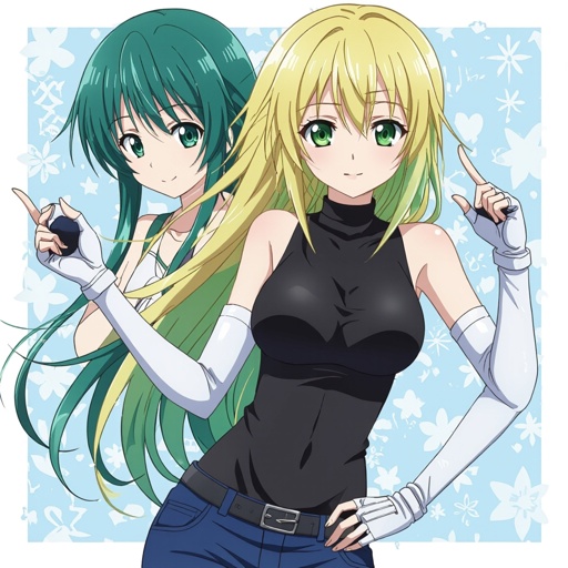 Green hair, blonde bangs, green eyes, black sleeveless top, midnight blue Jeans and white fingerless gloves
