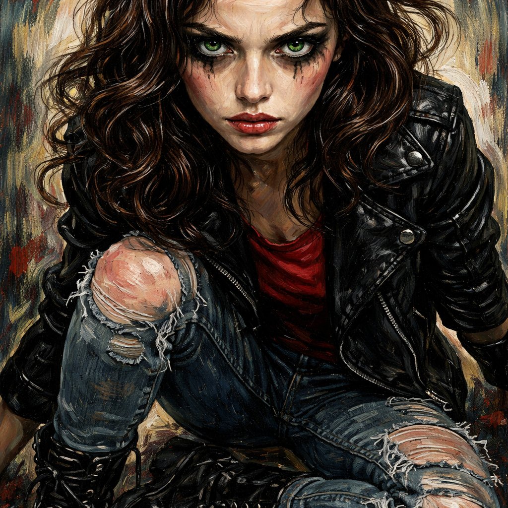 A portrait female with intense green eyes, wavy dark brown hair and black eyeliner. She looks angry and sad. She is looking directly at the viewer. She wears a black leather jacket, red T-shirt and ripped jeans with black combat boots. Her face is classically Beautiful and she has an athletic body and small breasts.