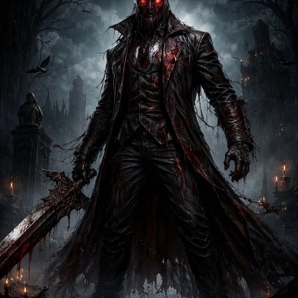 A large 7 foot guy with a large greatsword In a suit with red eyes and has a mask, him very scary with blood all over him