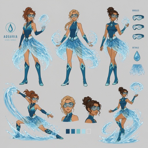 Female superhero with water powers, cool costume skirt made of water, goggles over eyes, freckles,multiple of the same character 