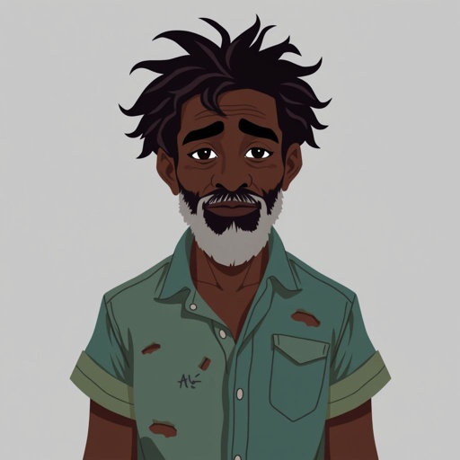 Black Homeless man with holes on shirt and messy hair 