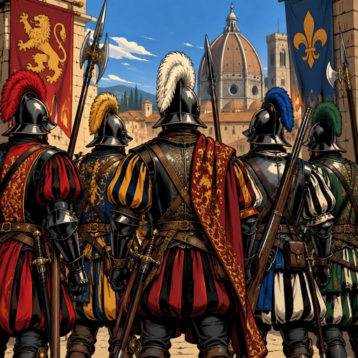 No print dots, highly realistic, vivid colours no speech bubble we see five heavily armed militia guards only from the rear they are wearing ornate Renaissance robes, body armor, and helmets full rear view shot from helmet to thigh