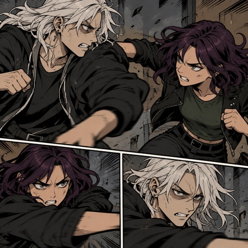 Anime style, male, name kai, highly skilled in fighting all fighting styles and weapons,long white hair half in face, dark bags, white skin, earrings, history unknown,casual clothes, Female, name is Beth, medium wavy dark purple hair, gray eyes, short, open jacket with a dark green shirt, there fighting,looking at each other Beth with an angry face and Kai both are glaring, Beth is a agent,trying to get Kai to come with her with out making a scene