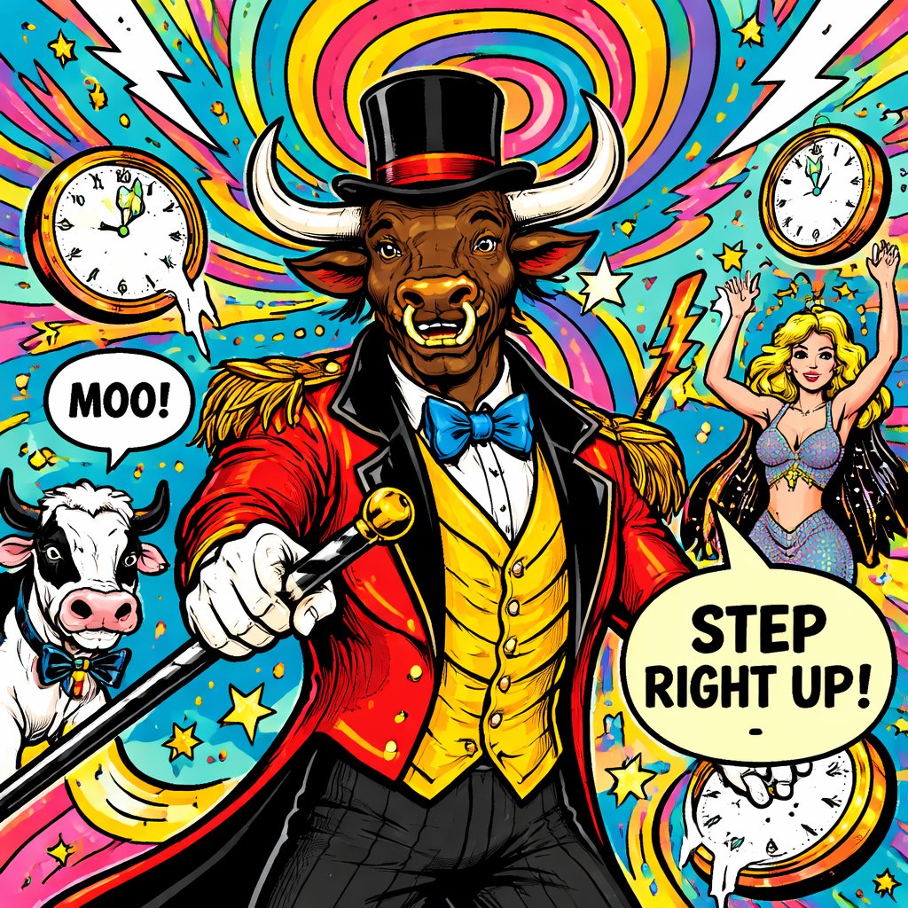 A Minotaur with a well~proportioned figure that works at freak show as ringmaster. That has gifts/abilities like Reality Rejection, Time Manipulation (Chronokineses), Zoolingualism (Language of Cattle only), Human Speech.