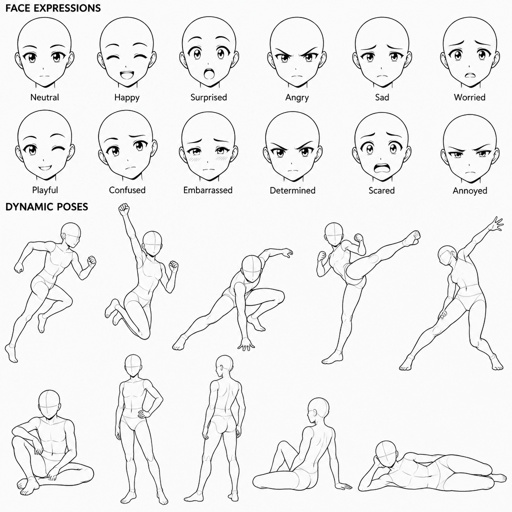 Different face expressions drawing base, dynamic, with some body