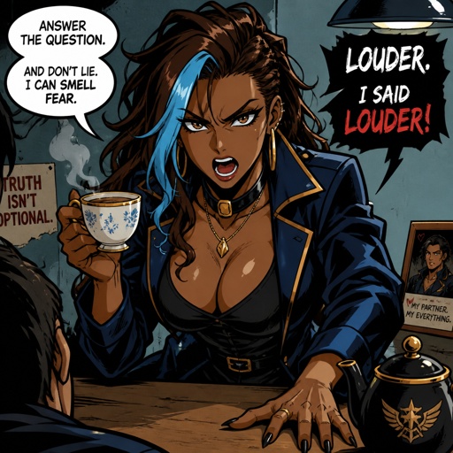 Anime style female,dark skin with brown hair and light blue streak, serious, intimidating, makes sure she gets the answers,good at interrogating, very loud, being calm is hard, loves tea, she cares about her partner but doesn't know about her partners feelings to her