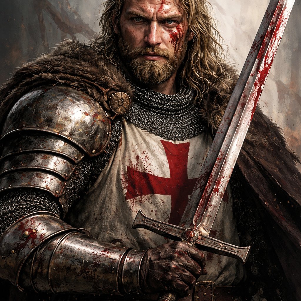 A male crusade knight with a beard and a legendary sword blonde hair blue eyes and a large scar across his face tall and muscular with blood