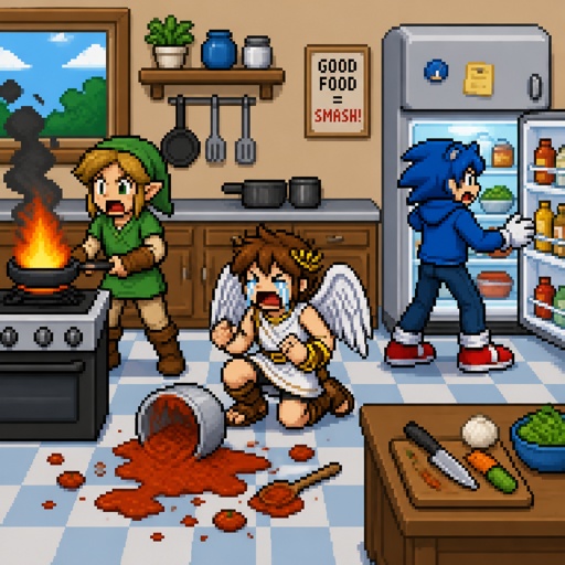 Super smash brothers link from legend of Zelda, pit from kid Icarus, and sonic the hedgehog as a human,in the kitchen trying to make dinner, link accidentally caught the pan on fire, pit spilled tomato sauce on himself and is crying and Sonic looking in the fridge yelling “we’re all out of eggs 