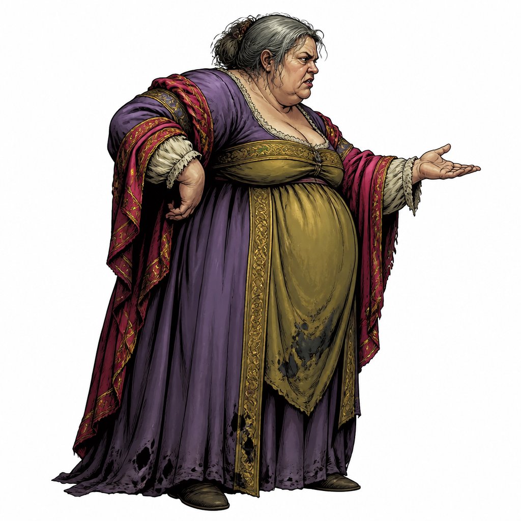 Full body shot side profile Sour-looking fat middle-age lady with unkempt gray hair speaking to someone we dont see. long shot she’s wearing tattered, renaissance robes, vivid colors, no caricature, highly realistic no print dots no speech bubbles