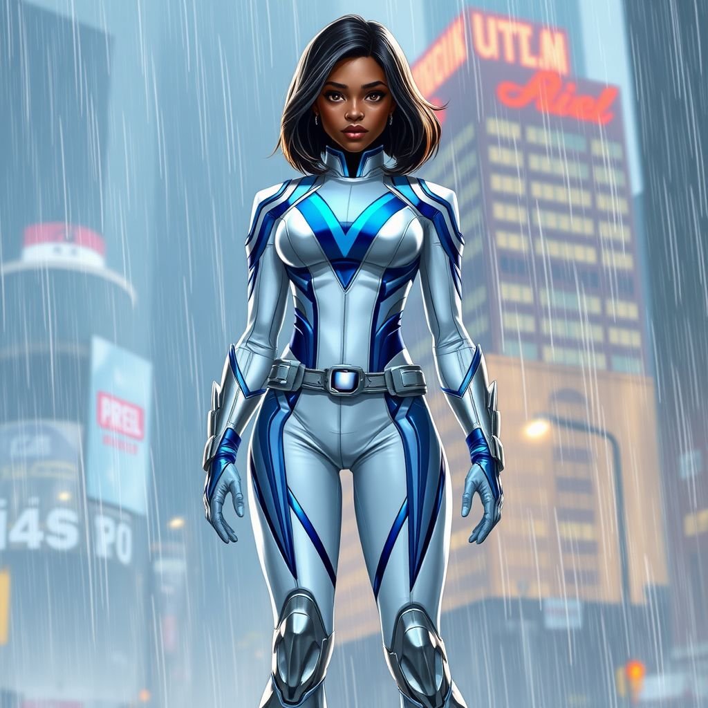 A teenage African American female superhero with hair in a shoulder length side part style wearing a white and silver suit with blue accents and a stylized V as her chest emblem a utility belt and silver boots standing in Philadelphia during a rain storm
