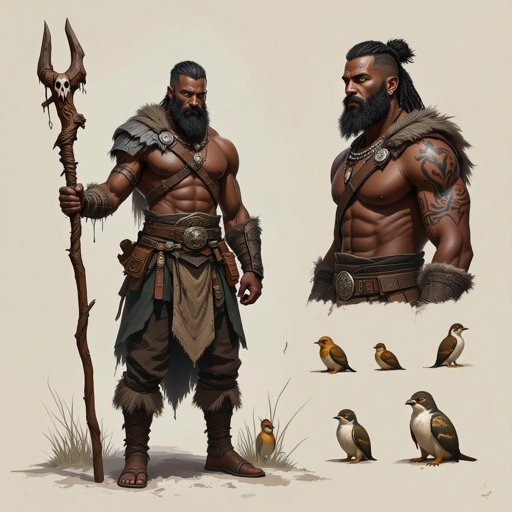 Kael the Beastbound – A rugged, broad-shouldered man with black skin and a rough beard, wearing armor made from bone and leather. deep green eyes tattoos of animal tracks spiral down his arms. He carries a massive wooden staff carved with the shapes of beasts, and small creatures often perch on his shoulders or follow at his feet.