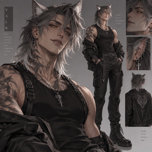 Male,only wolf ears no human ears,gray hair with white tips hair that goes done to neck hair set a little bit on face slightly messy,yellow eyes,strong,lip and ear piercings,tattoos on neck and arms,a smile that could steal the ladies,with a smug and chill attitude 