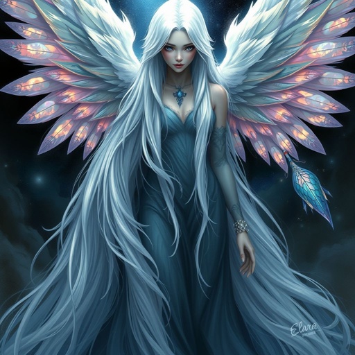 Grayson hair that’s like 14 feet long white hair, girl, wings, blue eyes, vampire teeth