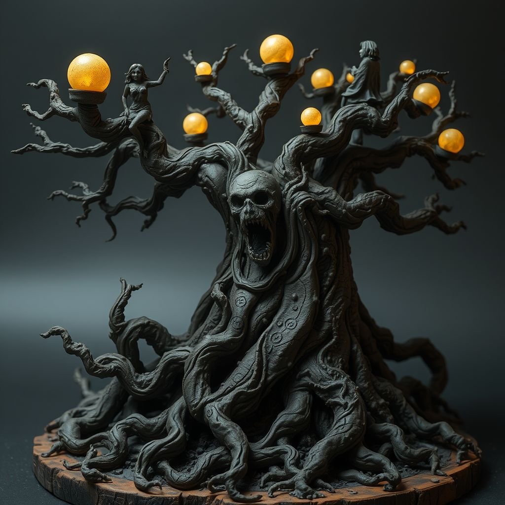 Give me a image of a fantasy dark magic tree, with roots in the bottom