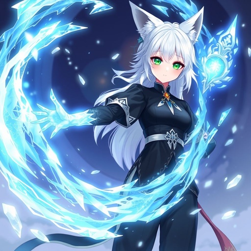 (Genshin Impact based) A pale teenage girl with a Cryo Vision wearing a royal black top and trousers with hair and small fox ears as white as snow with emerald eyes and conducting ice. She also has an ancient mythical right arm