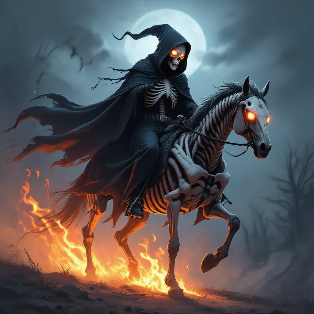 The grim reaper riding a Skelton horse with white flame shadow behind them both in a dark scary background the horse has glowing eyes