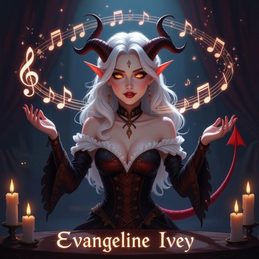 A semi-realistic fantasy portrait of Evangeline Ivey, the Fierna Tiefling Bard of the College of Glamour, captured mid-performance on her candlelit stage.  She stands full-body beneath soft golden light, ivory curtains draped behind her, and glowing blue musical notes spiraling through the air as if alive with her magic. Her porcelain-pale skin (#F3EDEB) gleams in the warm light, contrasting against her long silver-white hair (#D6D6DA) cascading around her shoulders. Her amber-gold eyes (#C88C21) are wide with theatrical expression, her mouth open in mid-song or gasp. Dark brown ridged horns (#4A3A2C) curve elegantly from her brow, and her pale devil’s tail curls behind her, tipped red-and-black like an exclamation mark of performance.  Outfit — “Infernal Mime” Parody Costume: • Black-and-deep-red striped bodice with suspenders and gold buckles • Short flared skirt trimmed with faint gold edge • Matching striped thigh-high stockings and long fingerless gloves • Red silk neck scarf tied neatly at her throat • Black heeled shoes and beret with her horns peeking through  Scene & Lighting: Warm candlelight and soft shadows create a theatrical glow across the stage floor and her form. The air is alive with faint magical motes shaped like music notes, curling around her in shimmering blue light.  Mood & Expression: Expressive, whimsical, and dramatic — a parody of classic mimes infused with bardic flair. Evangeline’s pose is mid-gesture, both hands raised as if she’s frozen between song and spell, her eyes alight with mischievous emotion and glamourous command.