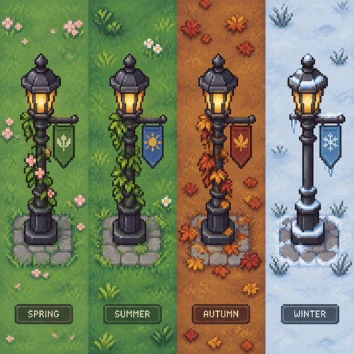 Lamp post for a modern fantasy game, in all the seasons, top down style, shading and highlights