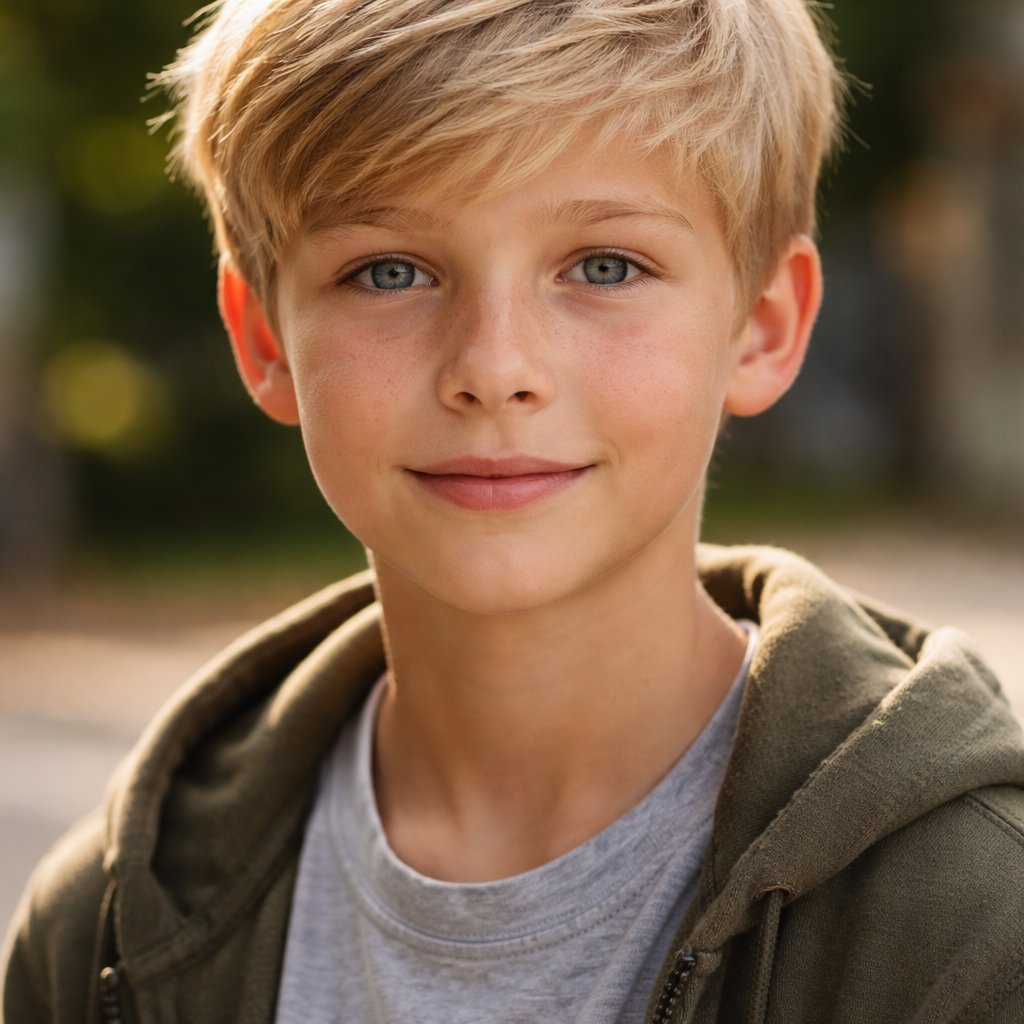 A 12 year old boy who has light blonde hair and blue eyes.