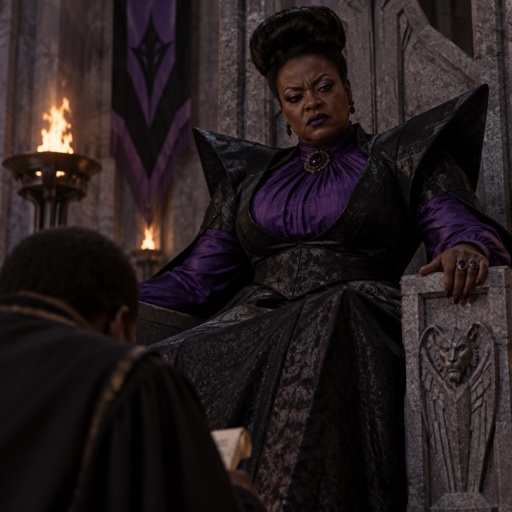 Evillene is a beautiful,African American version of the wicked witch of the west. Her personality:tyrannical.She is cruel and demanding.She despises bad news. She wears the black dress with a purple shirt and her shoulders are massive and sharp and she doesn’t wear a witch hat and she rules over the Winkie  country 