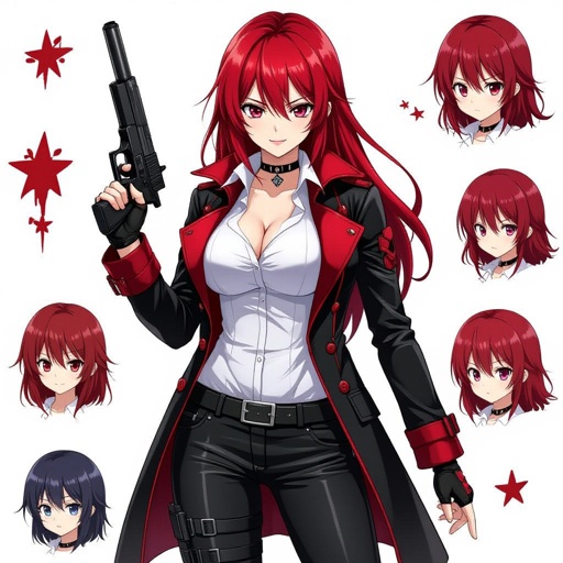 A female vampire wearing a white shirt, black pants, and a black and red leather trench coat. She has a busty figure, and she has a gun in one hand.