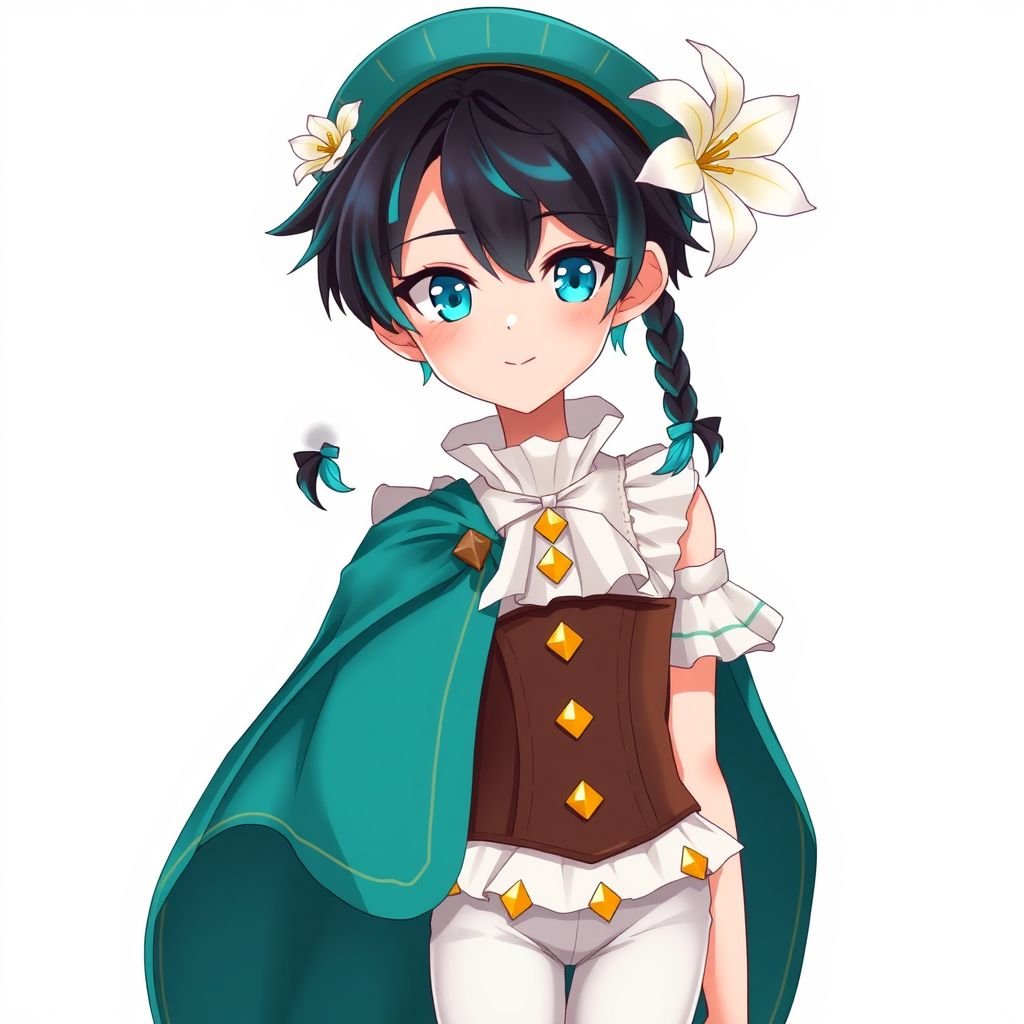 Young slender male dressed as a bard, fair skin, vibrant aqua green eyes, short black-ish hair with two short twin braids that fade into aqua blue tips. Frilly white top with corset-like leather midsection, teal cape. White stockings with three yellow diamonds and a beret-like hat adorned with a white lily