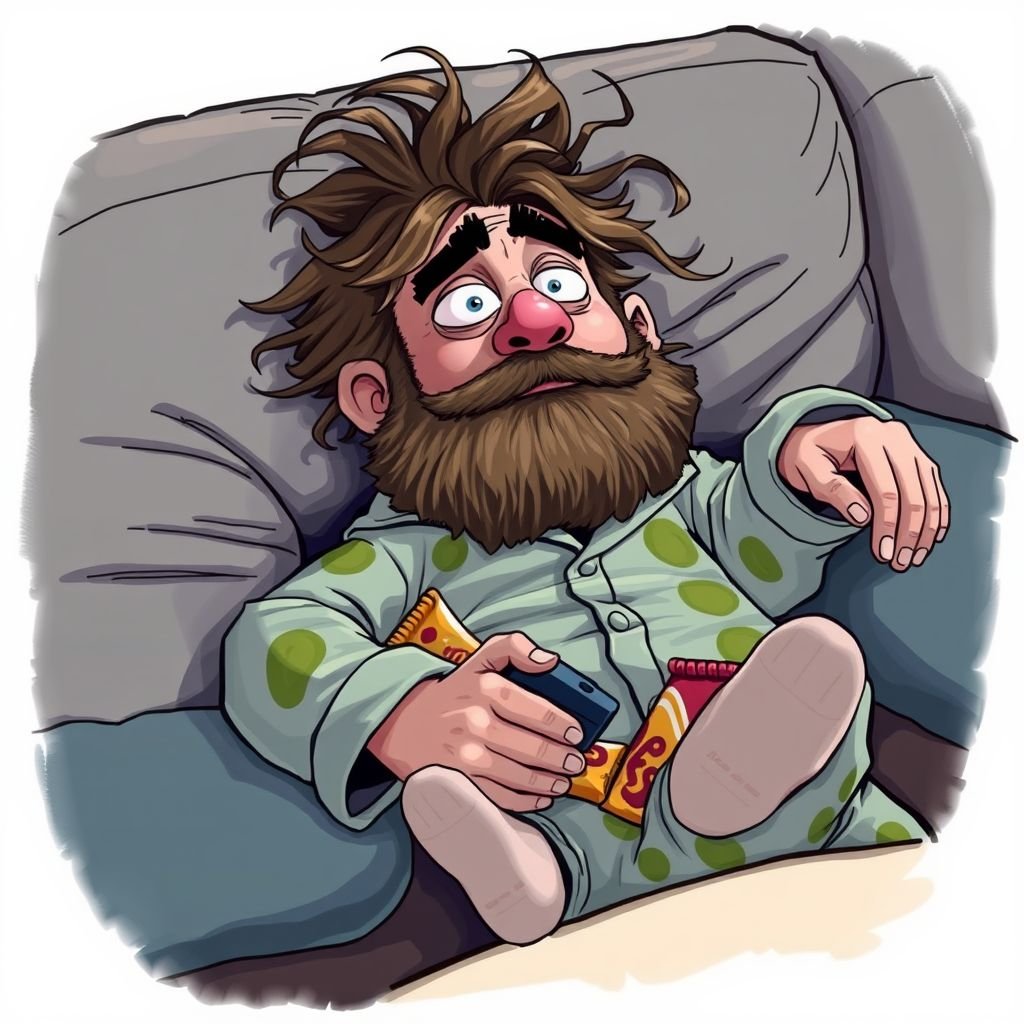 Create a adult humor character who is lazy as heck. And you could tell from his face and his entire outfit. Make is funny and the style of the graphic photographic