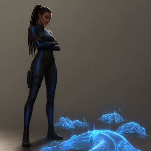 A dark tall elegant woman with long dark braids in a pony tail wearing a black and blue striped spy suit with a background of holograms fallen to the ground looking unimpressed 