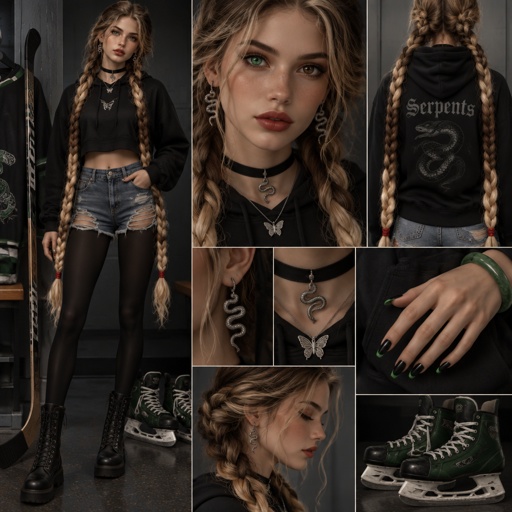 Female, 16, 5 foot 6 inches, gradient (blond to dark brown back to blond) hair, two stitch braids, ankle length hair, one green eye, one brown eye, cherry red lips, wrap around serpent earrings, a black choker with a serpent charm, black crop top hoodie with long sleeves, a chain necklace with a butterfly charm, ripped jean shorts, black leggings underneath jean shorts, black boots, one green marbled bangle around one wrist, black medium almond nails with poison green French tip, “Serpents” written on the back of the hoodie, a hockey stick next to her with a pair of green ice skates, and red hair ties keeping the stitch braids in
