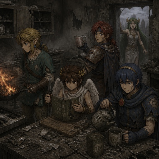 Super smash brothers link from legend of Zelda, pit from kid Icarus, Marth from fire emblem,Roy from fire emblem, there trying to make breakfast Roy looking at the measuring cups saying "which one do I use?" link holding pan that's on fire, pit trying to read the cookbook but it's upside down and holding a knife near a cutting board,Marth making himself some tea with a tired face expression think “why did I get up”, Palutena comes into the kitchen and yells "what are you guys doing!" All in casual clothes